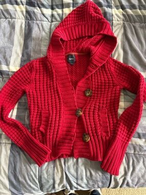 GAP Red Hooded Knit Cardigan with Wooden Buttons